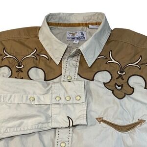 Panhandle Slim Mens XL Retro Western Shirt Tan Brown Embroidered Pearl Snap
